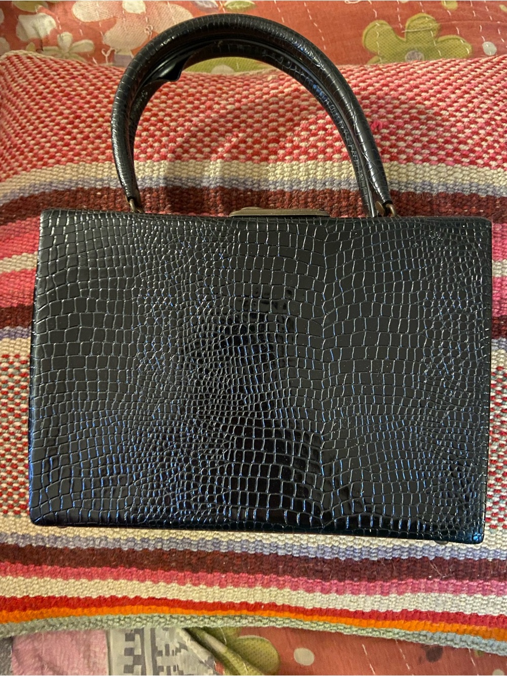 Vintage Black Croc-Embossed Satchel